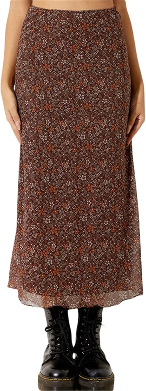 Women Floral Print Vintage Mesh Skirts Elastic High Waist A Line Skirt Fairy Grunge Aesthetic Maxi Skirts