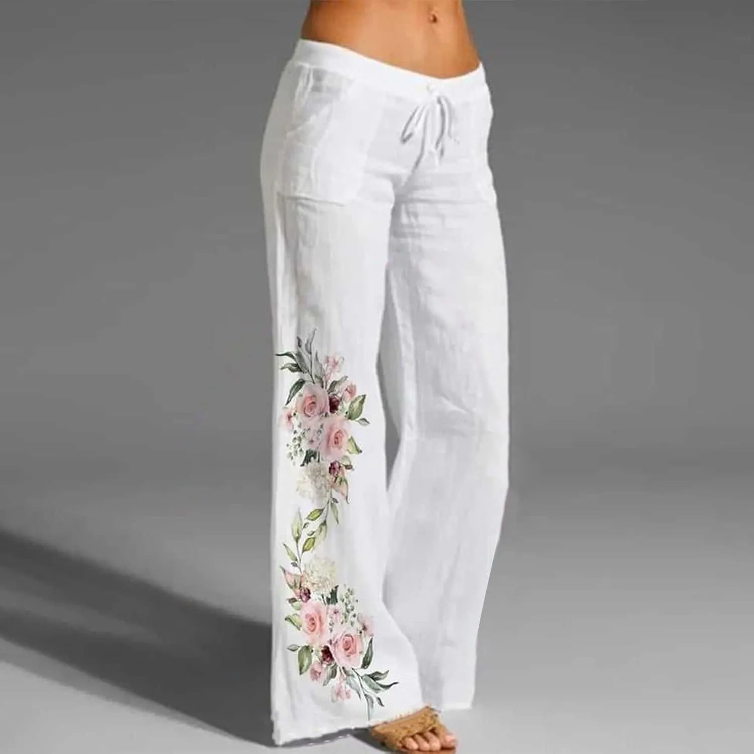 Women Linen Palazzo Pants 2025 Summer High Waisted Wide Leg Lounge Pants Pleated Beach Travel Trousers with Pocket