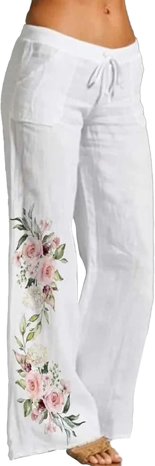 Women Linen Palazzo Pants 2025 Summer High Waisted Wide Leg Lounge Pants Pleated Beach Travel Trousers with Pocket