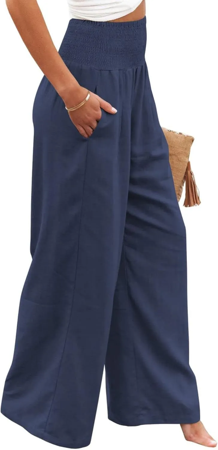 Women Linen Palazzo Pants High Waist Pant Wide Leg Flowy Pants Beach Vacation Clothes Casual Lounge Outfits