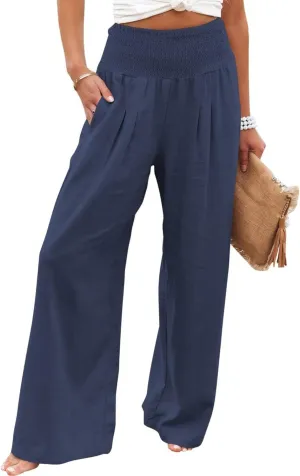 Women Linen Palazzo Pants High Waist Pant Wide Leg Flowy Pants Beach Vacation Clothes Casual Lounge Outfits