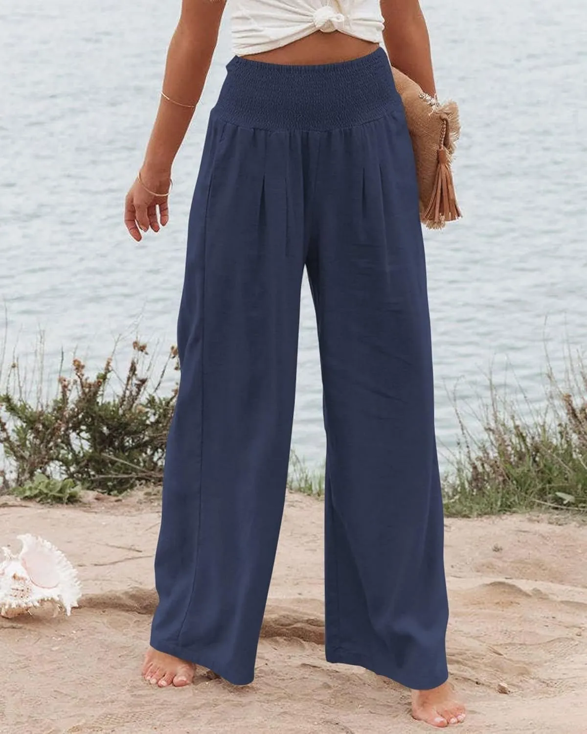 Women Linen Palazzo Pants High Waist Pant Wide Leg Flowy Pants Beach Vacation Clothes Casual Lounge Outfits