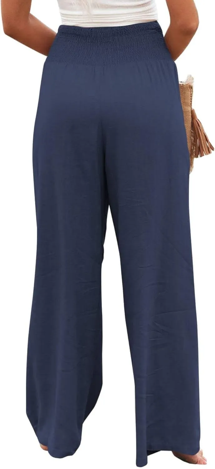 Women Linen Palazzo Pants High Waist Pant Wide Leg Flowy Pants Beach Vacation Clothes Casual Lounge Outfits