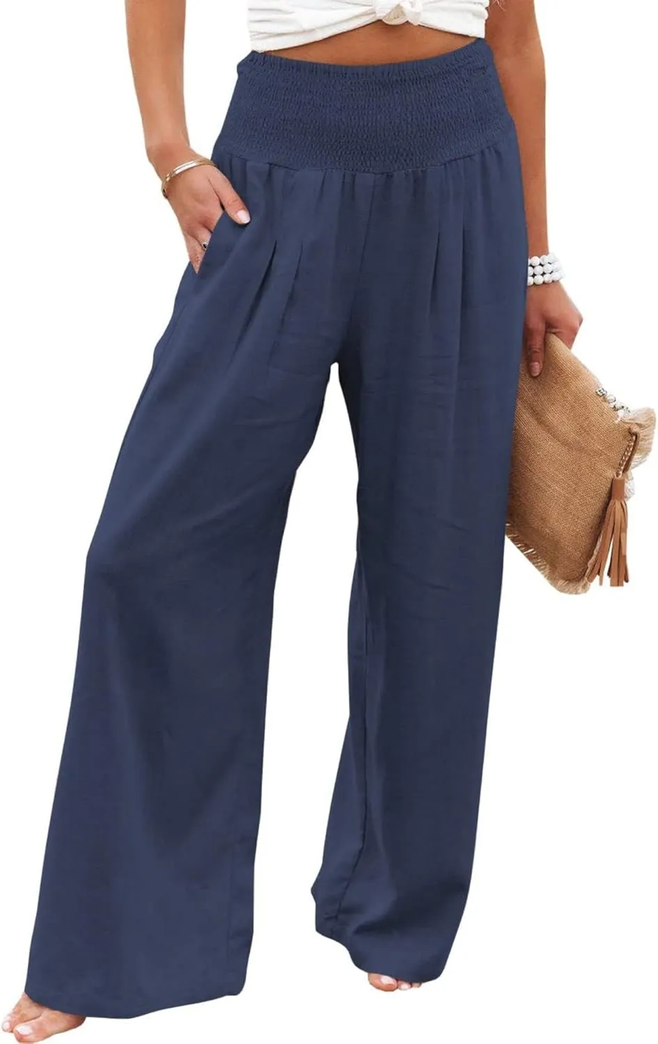 Women Linen Palazzo Pants High Waist Pant Wide Leg Flowy Pants Beach Vacation Clothes Casual Lounge Outfits