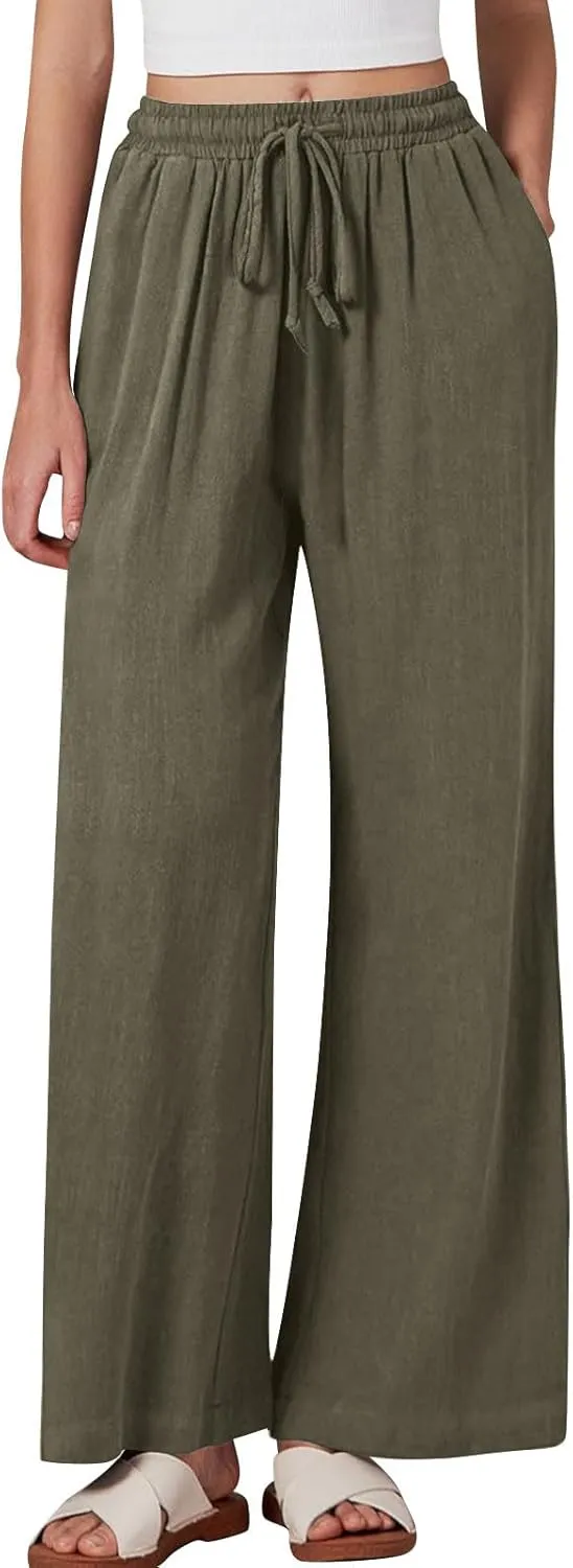 Women Linen Palazzo Pants Summer Boho Beach Pants Casual Wide Leg High Waist Lounge Pant Vacation Trousers with Pocket
