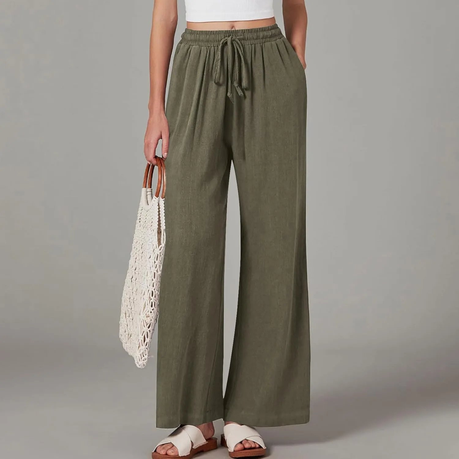 Women Linen Palazzo Pants Summer Boho Beach Pants Casual Wide Leg High Waist Lounge Pant Vacation Trousers with Pocket