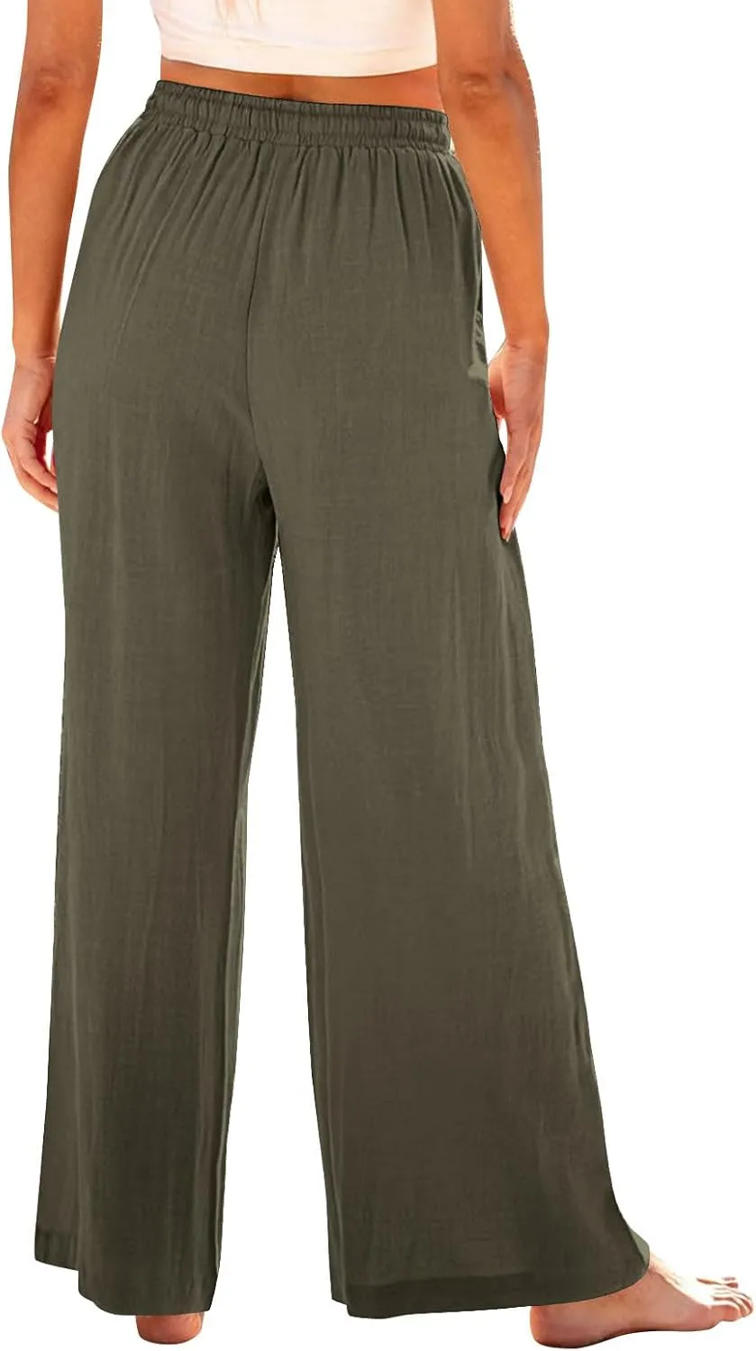 Women Linen Palazzo Pants Summer Boho Beach Pants Casual Wide Leg High Waist Lounge Pant Vacation Trousers with Pocket
