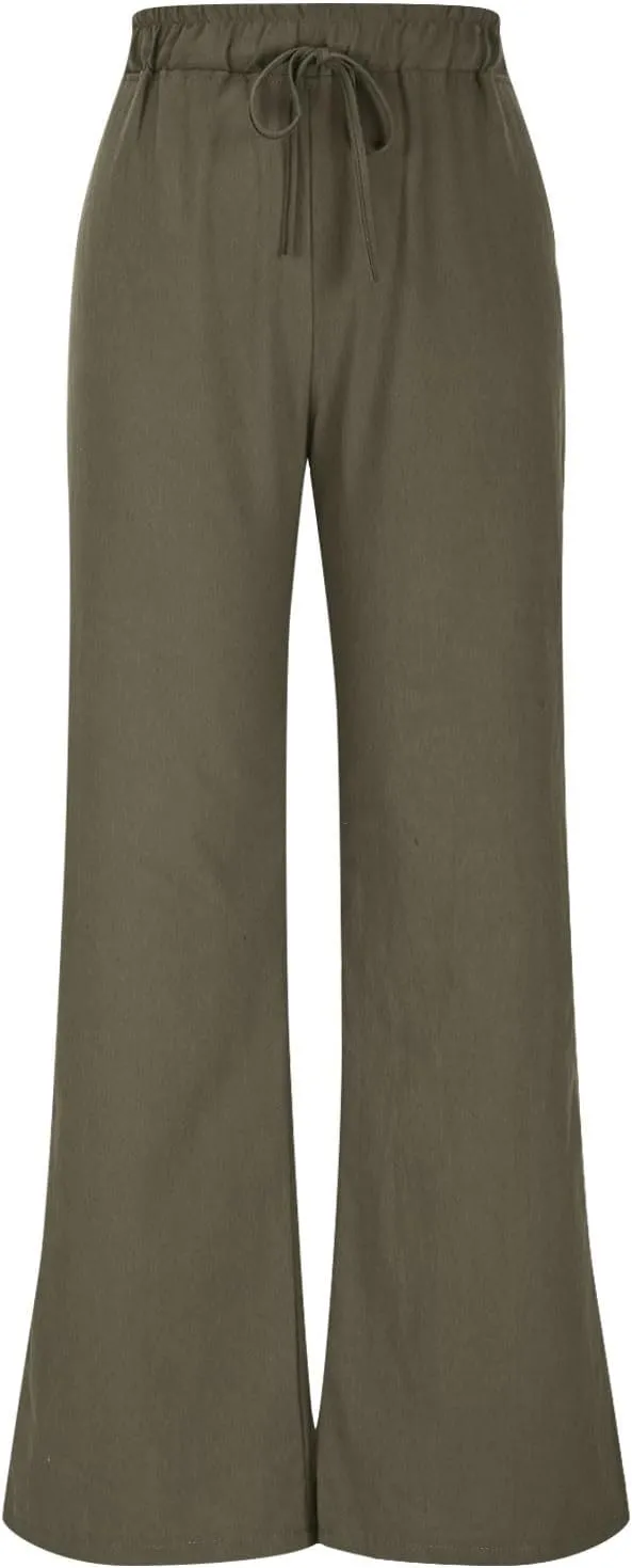 Women Linen Palazzo Pants Summer Boho Beach Pants Casual Wide Leg High Waist Lounge Pant Vacation Trousers with Pocket