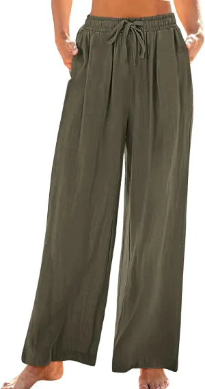 Women Linen Palazzo Pants Summer Boho Beach Pants Casual Wide Leg High Waist Lounge Pant Vacation Trousers with Pocket