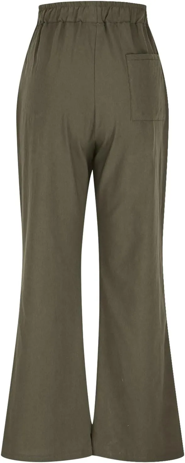 Women Linen Palazzo Pants Summer Boho Beach Pants Casual Wide Leg High Waist Lounge Pant Vacation Trousers with Pocket