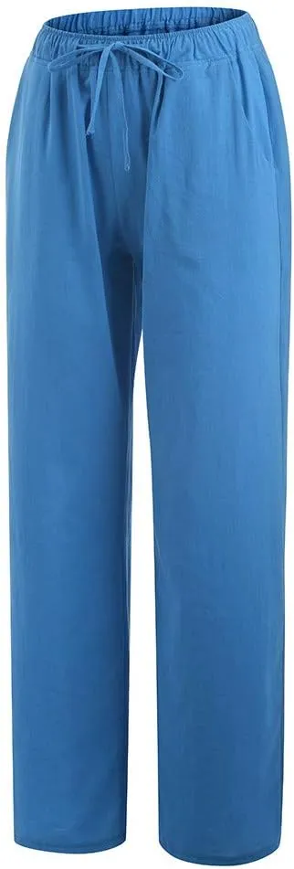 Women Linen Palazzo Pants with Pockets Plus Size Drawstring Summer Bottoms Wide Leg Casual Flowy Beach Trousers