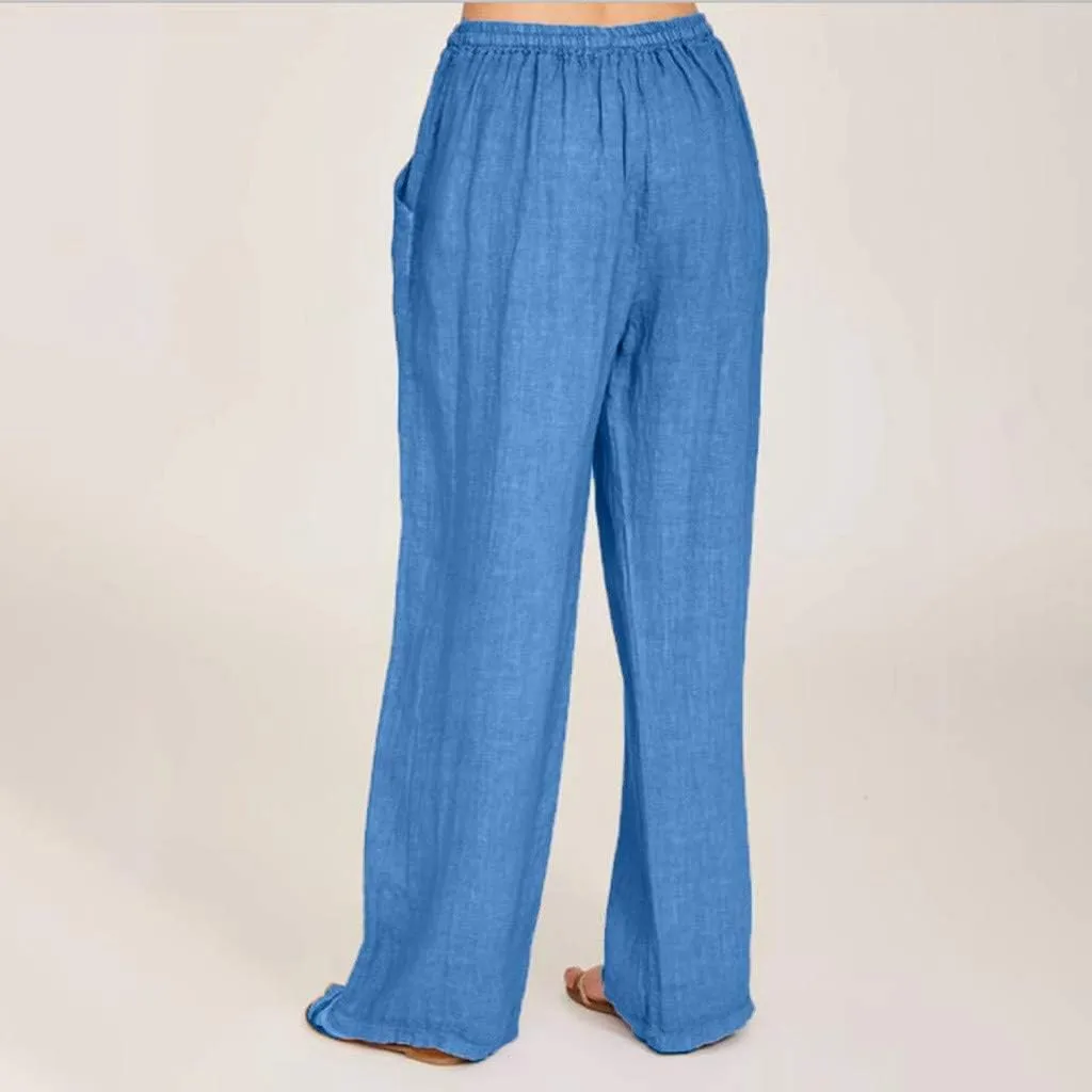 Women Linen Palazzo Pants with Pockets Plus Size Drawstring Summer Bottoms Wide Leg Casual Flowy Beach Trousers