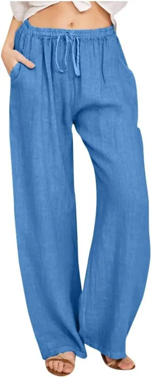 Women Linen Palazzo Pants with Pockets Plus Size Drawstring Summer Bottoms Wide Leg Casual Flowy Beach Trousers