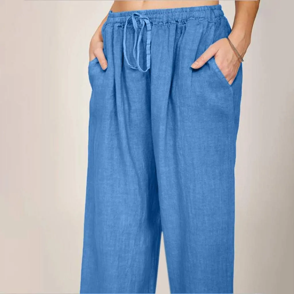 Women Linen Palazzo Pants with Pockets Plus Size Drawstring Summer Bottoms Wide Leg Casual Flowy Beach Trousers