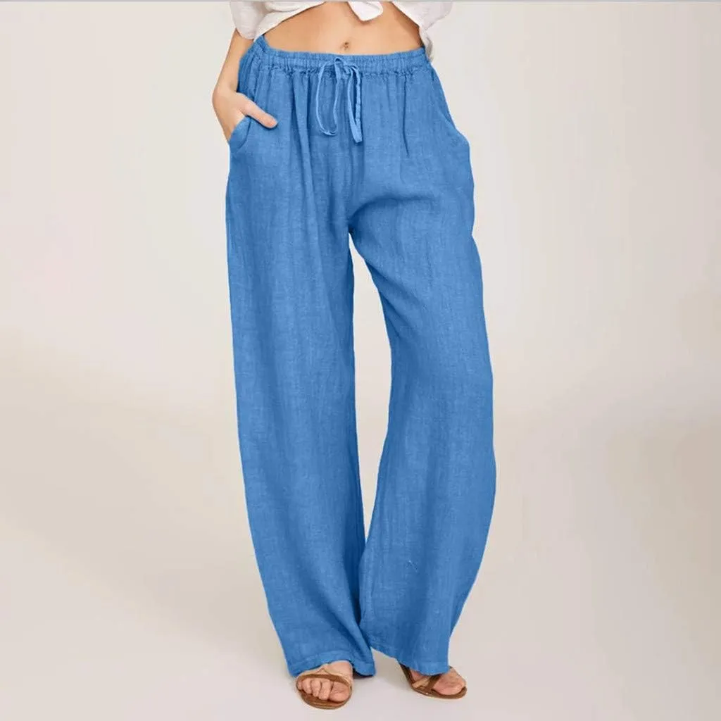 Women Linen Palazzo Pants with Pockets Plus Size Drawstring Summer Bottoms Wide Leg Casual Flowy Beach Trousers