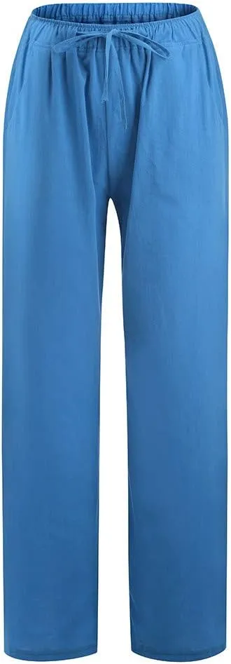 Women Linen Palazzo Pants with Pockets Plus Size Drawstring Summer Bottoms Wide Leg Casual Flowy Beach Trousers