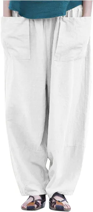 Women Linen Pants 2025 Summer Wide Leg Harem Beach Trousers Casual Loose Fit High Waist Flowy Palazzo with Pockets