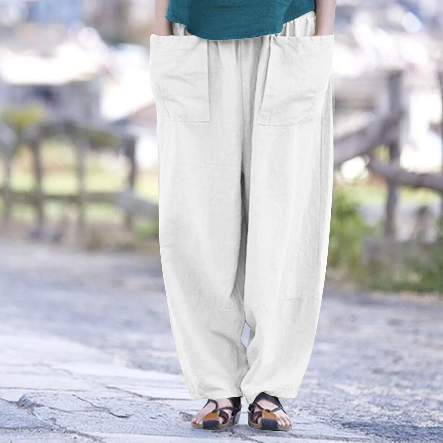 Women Linen Pants 2025 Summer Wide Leg Harem Beach Trousers Casual Loose Fit High Waist Flowy Palazzo with Pockets