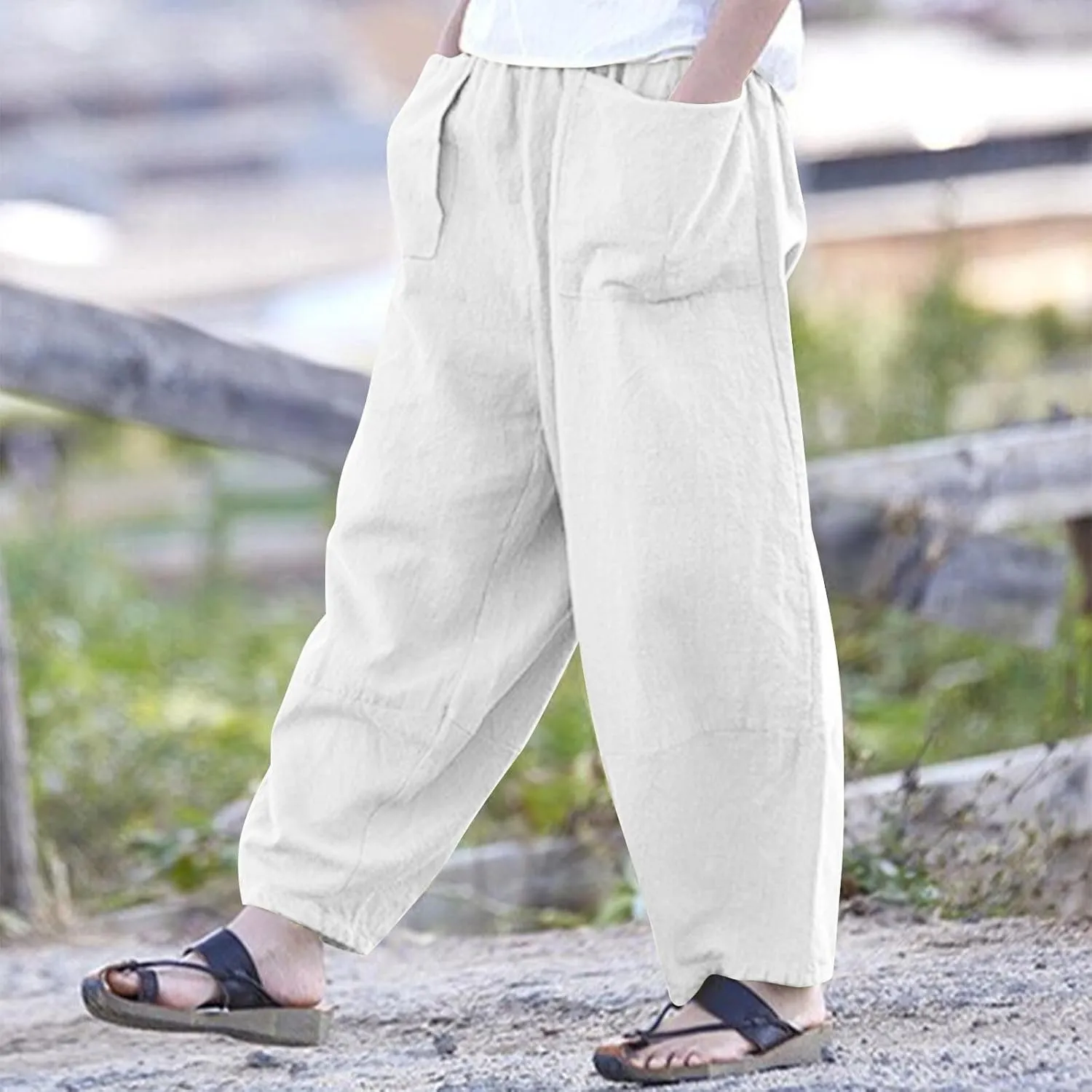 Women Linen Pants 2025 Summer Wide Leg Harem Beach Trousers Casual Loose Fit High Waist Flowy Palazzo with Pockets