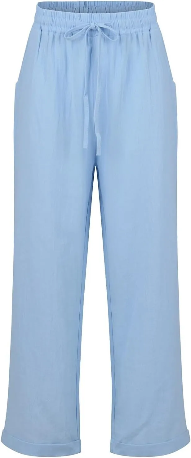 Women Linen Pants Summer Drawstring High Waisted Straight Leg Cotton Pants Casual Comfy Beach Trouser with Pockets
