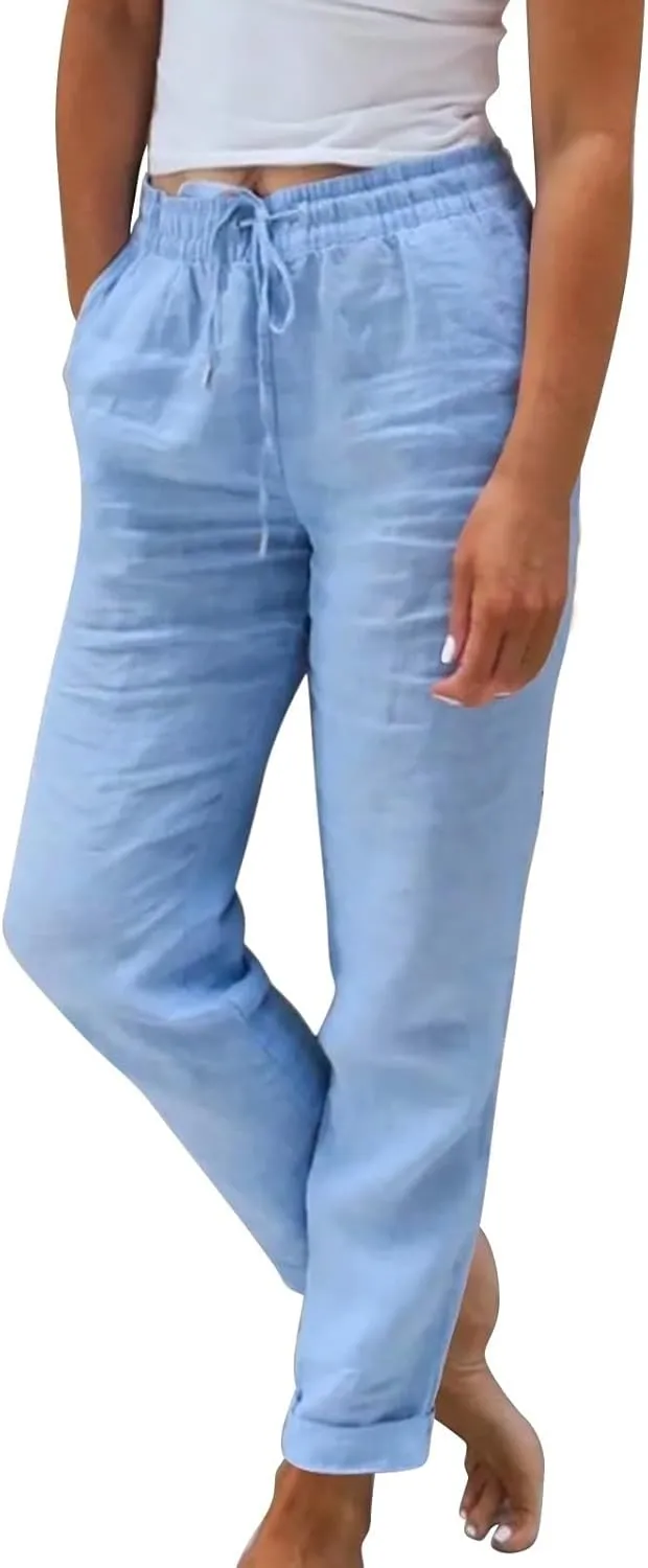 Women Linen Pants Summer Drawstring High Waisted Straight Leg Cotton Pants Casual Comfy Beach Trouser with Pockets