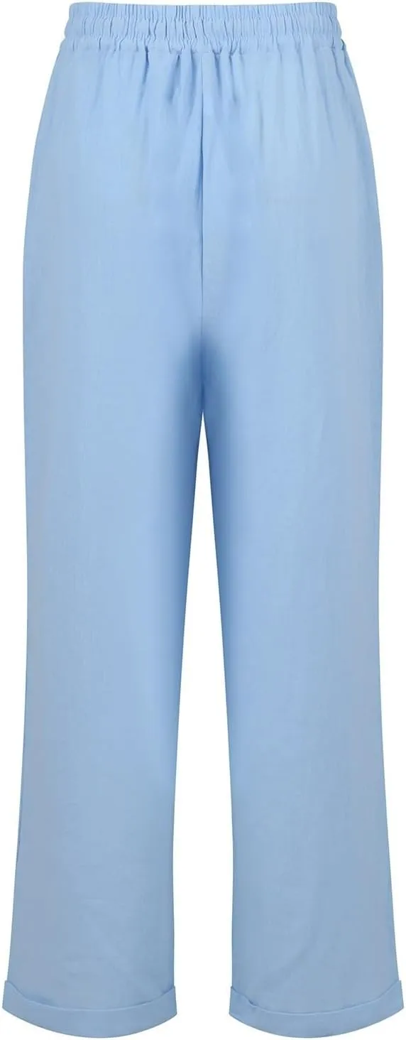 Women Linen Pants Summer Drawstring High Waisted Straight Leg Cotton Pants Casual Comfy Beach Trouser with Pockets