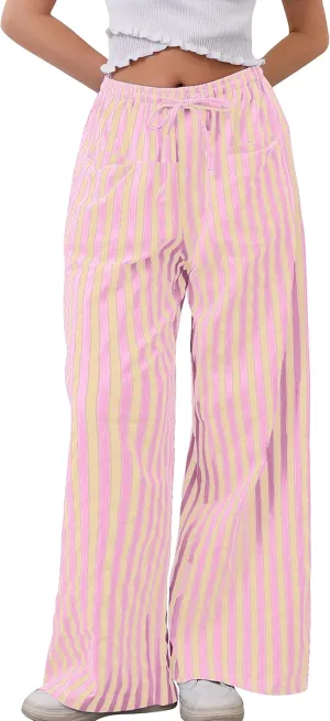 Women Loose Striped Wide Leg Pants Casual Drawstring Low Waist Pants Baggy Contrast Lounge Pants Straight Leg Trouser