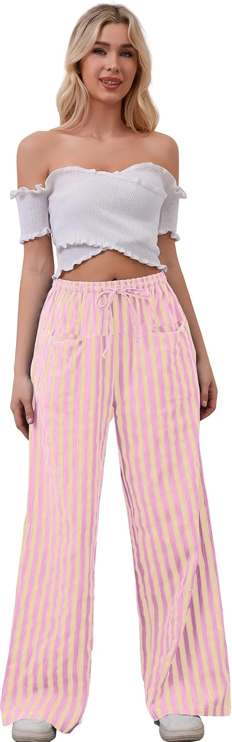 Women Loose Striped Wide Leg Pants Casual Drawstring Low Waist Pants Baggy Contrast Lounge Pants Straight Leg Trouser