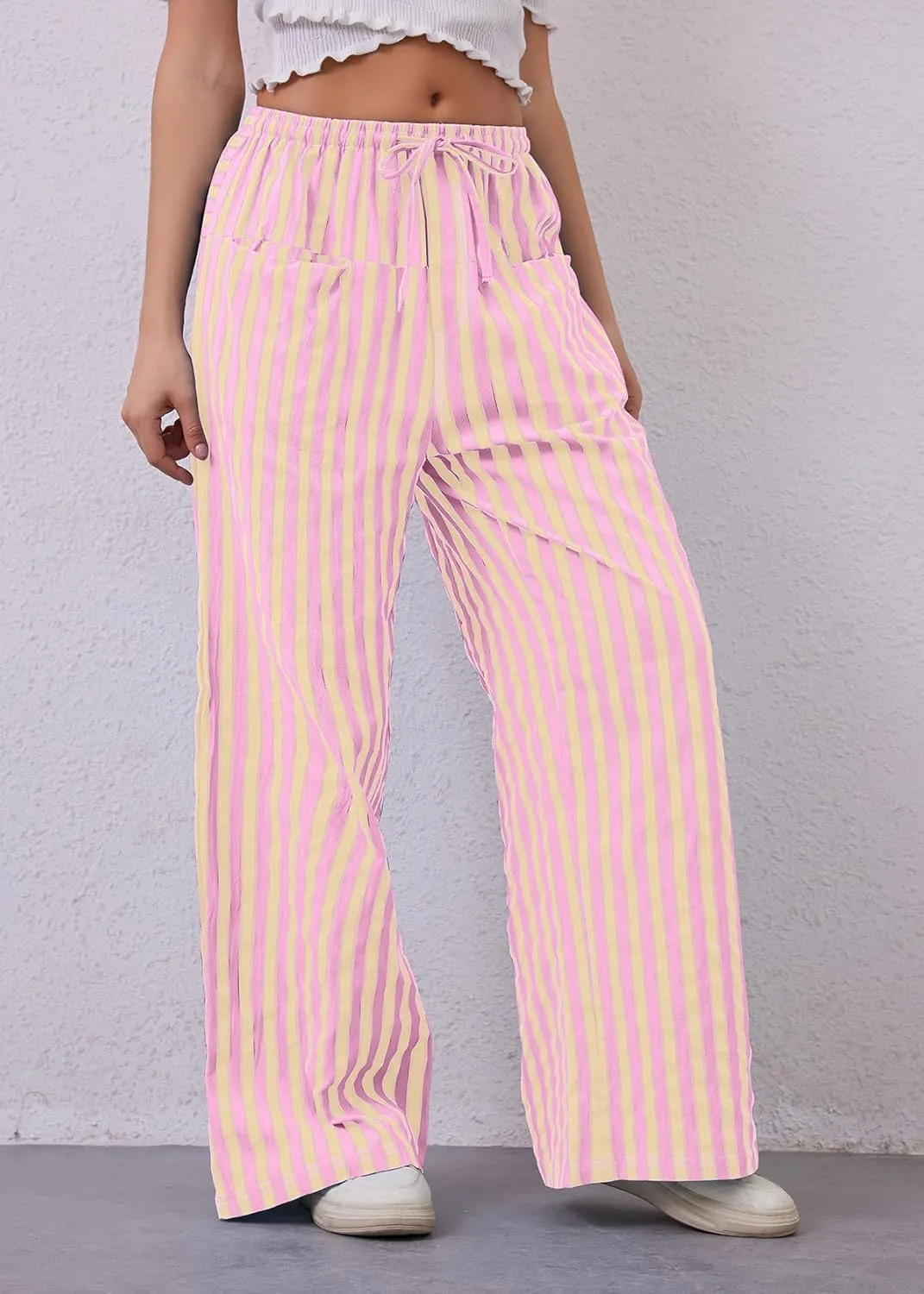 Women Loose Striped Wide Leg Pants Casual Drawstring Low Waist Pants Baggy Contrast Lounge Pants Straight Leg Trouser