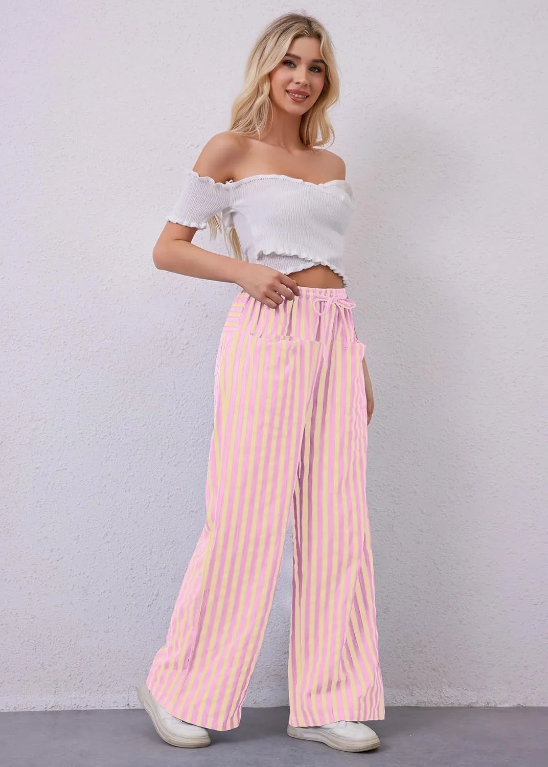 Women Loose Striped Wide Leg Pants Casual Drawstring Low Waist Pants Baggy Contrast Lounge Pants Straight Leg Trouser