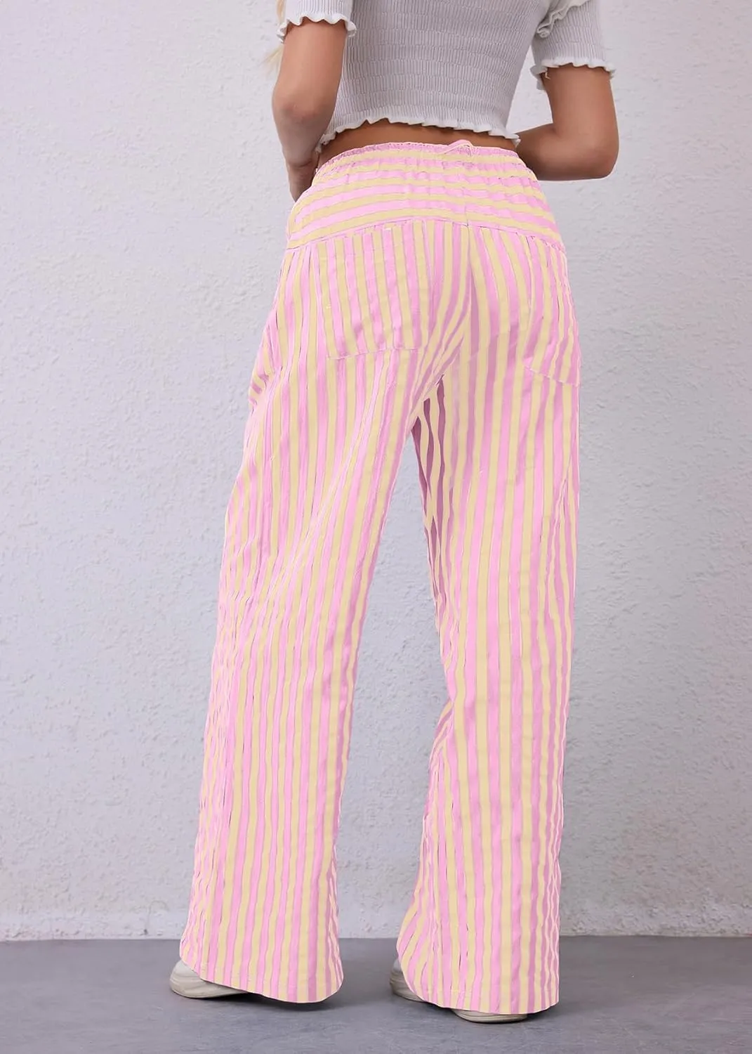 Women Loose Striped Wide Leg Pants Casual Drawstring Low Waist Pants Baggy Contrast Lounge Pants Straight Leg Trouser