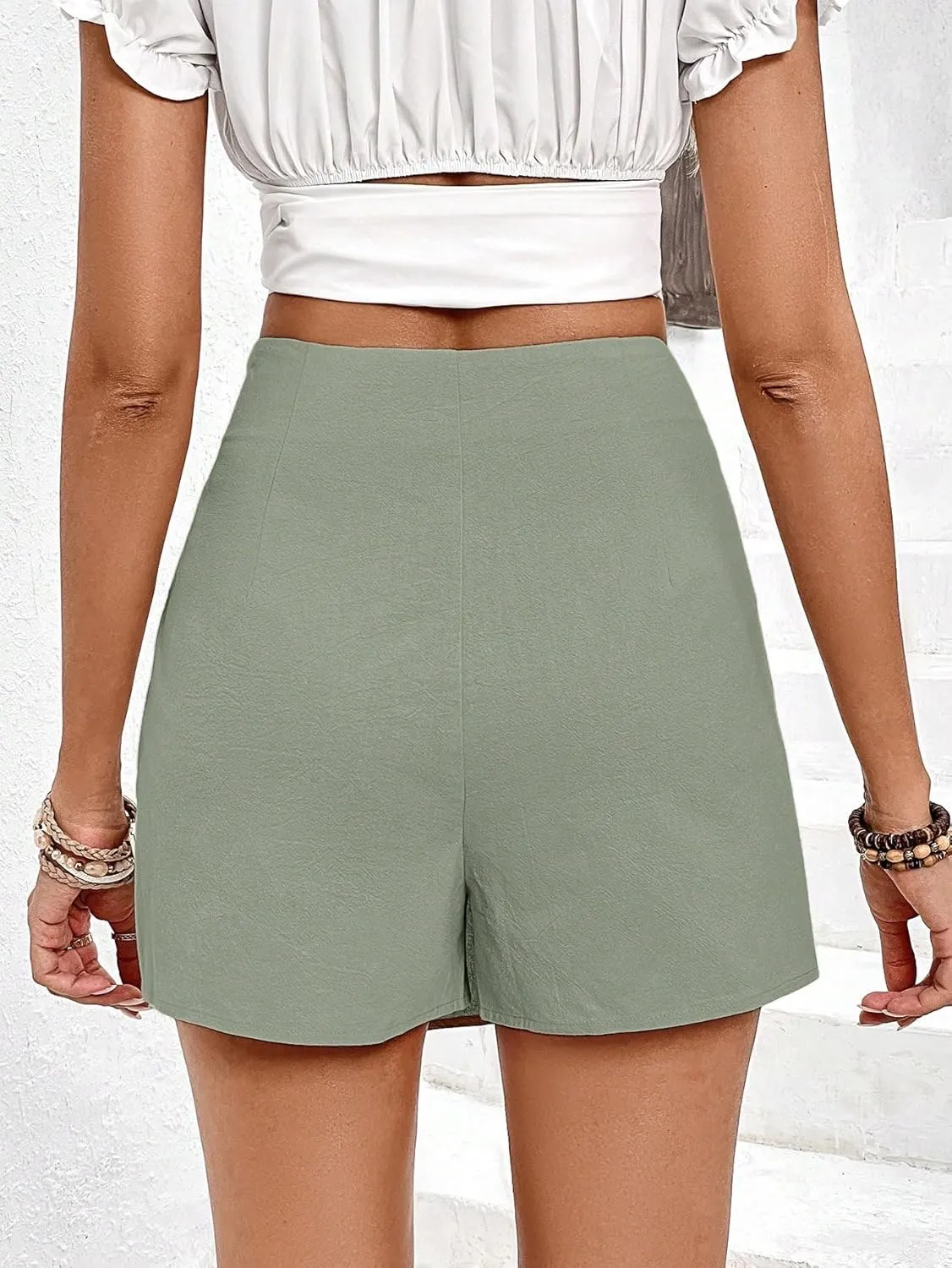 Women Round Neck Cap Sleeve Hem Casual Skort with Slit Fall Womens Short Pants