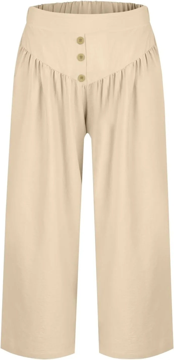 Women Summer High Waisted Cotton Linen Palazzo Pants Casual Wide Leg Long Flowy Dressy Beach Lounge Trousers