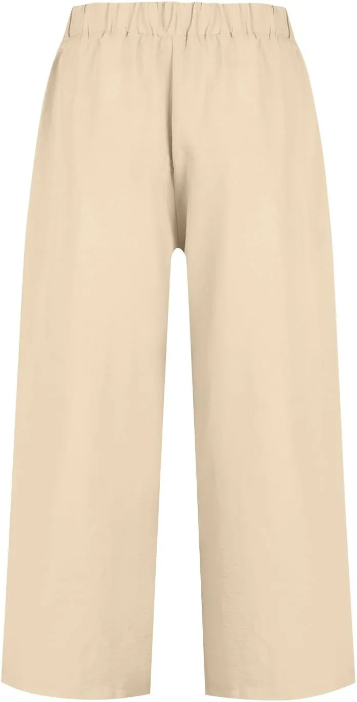 Women Summer High Waisted Cotton Linen Palazzo Pants Casual Wide Leg Long Flowy Dressy Beach Lounge Trousers
