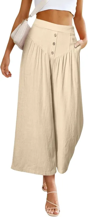 Women Summer High Waisted Cotton Linen Palazzo Pants Casual Wide Leg Long Flowy Dressy Beach Lounge Trousers
