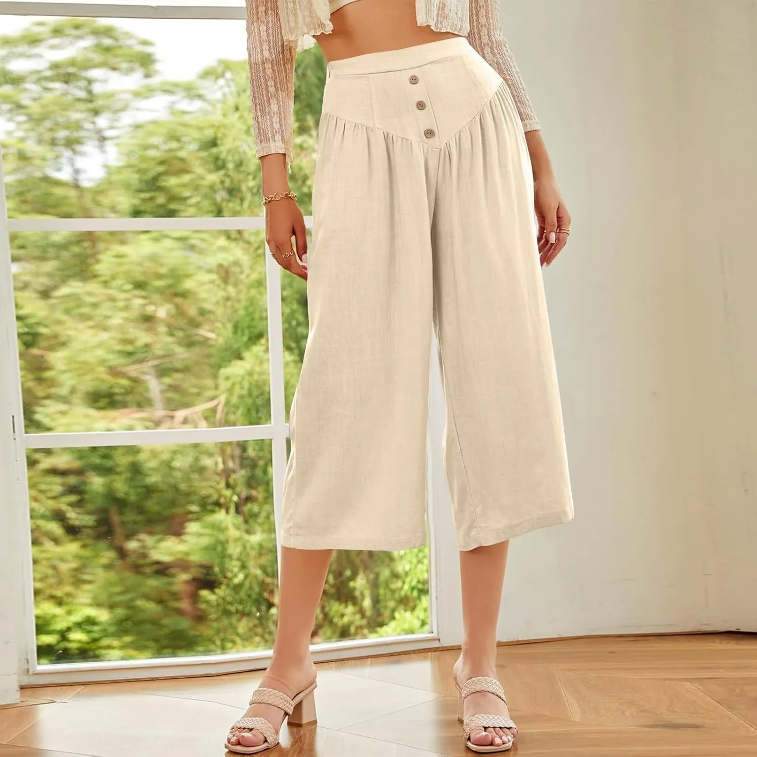 Women Summer High Waisted Cotton Linen Palazzo Pants Casual Wide Leg Long Flowy Dressy Beach Lounge Trousers