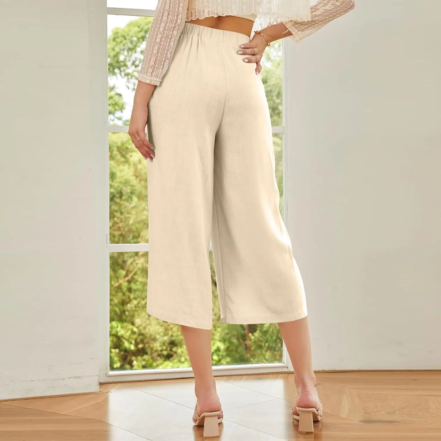 Women Summer High Waisted Cotton Linen Palazzo Pants Casual Wide Leg Long Flowy Dressy Beach Lounge Trousers