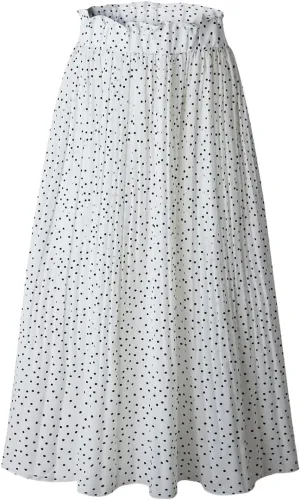 Women Trendy High Waist Ruffle Polka Dot Midi Swing Skirts Knee Length Boho Pleated Skirt with Pockets
