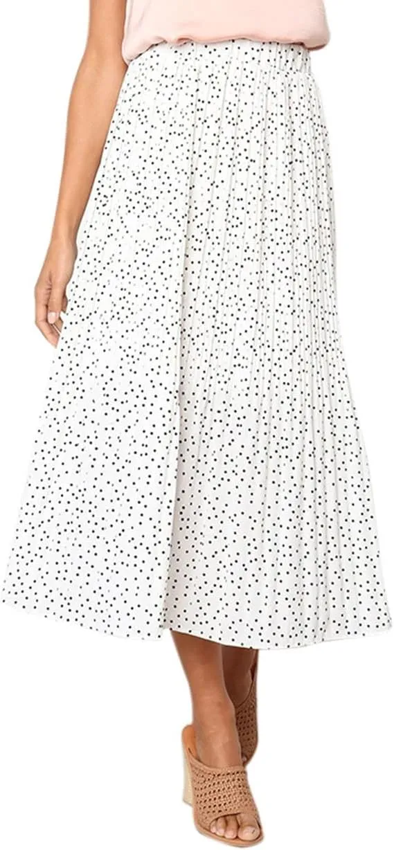 Women Trendy High Waist Ruffle Polka Dot Midi Swing Skirts Knee Length Boho Pleated Skirt with Pockets