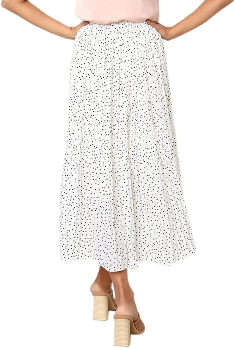 Women Trendy High Waist Ruffle Polka Dot Midi Swing Skirts Knee Length Boho Pleated Skirt with Pockets