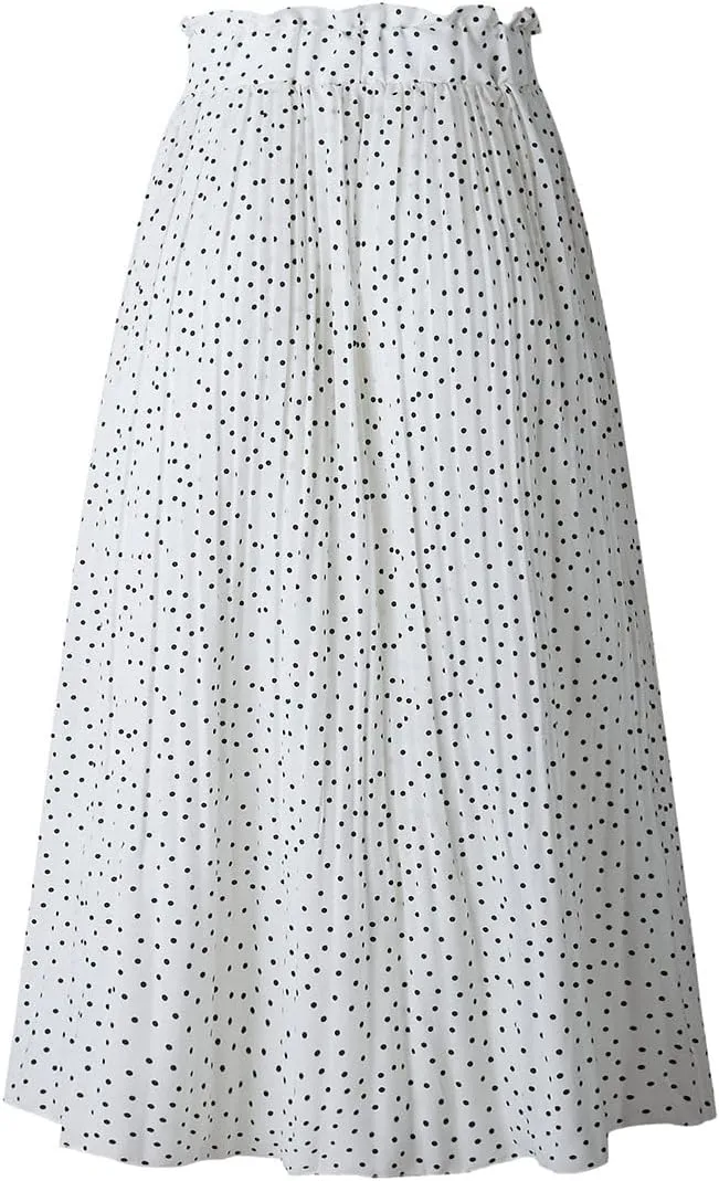 Women Trendy High Waist Ruffle Polka Dot Midi Swing Skirts Knee Length Boho Pleated Skirt with Pockets