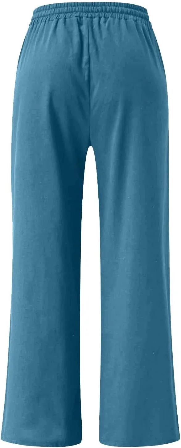 Women Wide Leg Linen Pants, High Waisted Casual Palazzo Pant Cotton Linen Summer Beach Lounge Trousers with Pockets