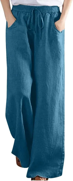 Women Wide Leg Linen Pants, High Waisted Casual Palazzo Pant Cotton Linen Summer Beach Lounge Trousers with Pockets
