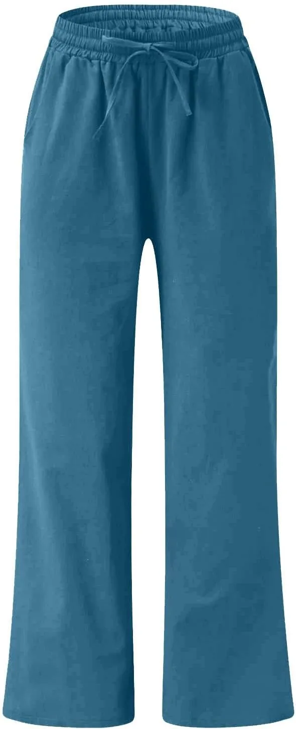 Women Wide Leg Linen Pants, High Waisted Casual Palazzo Pant Cotton Linen Summer Beach Lounge Trousers with Pockets