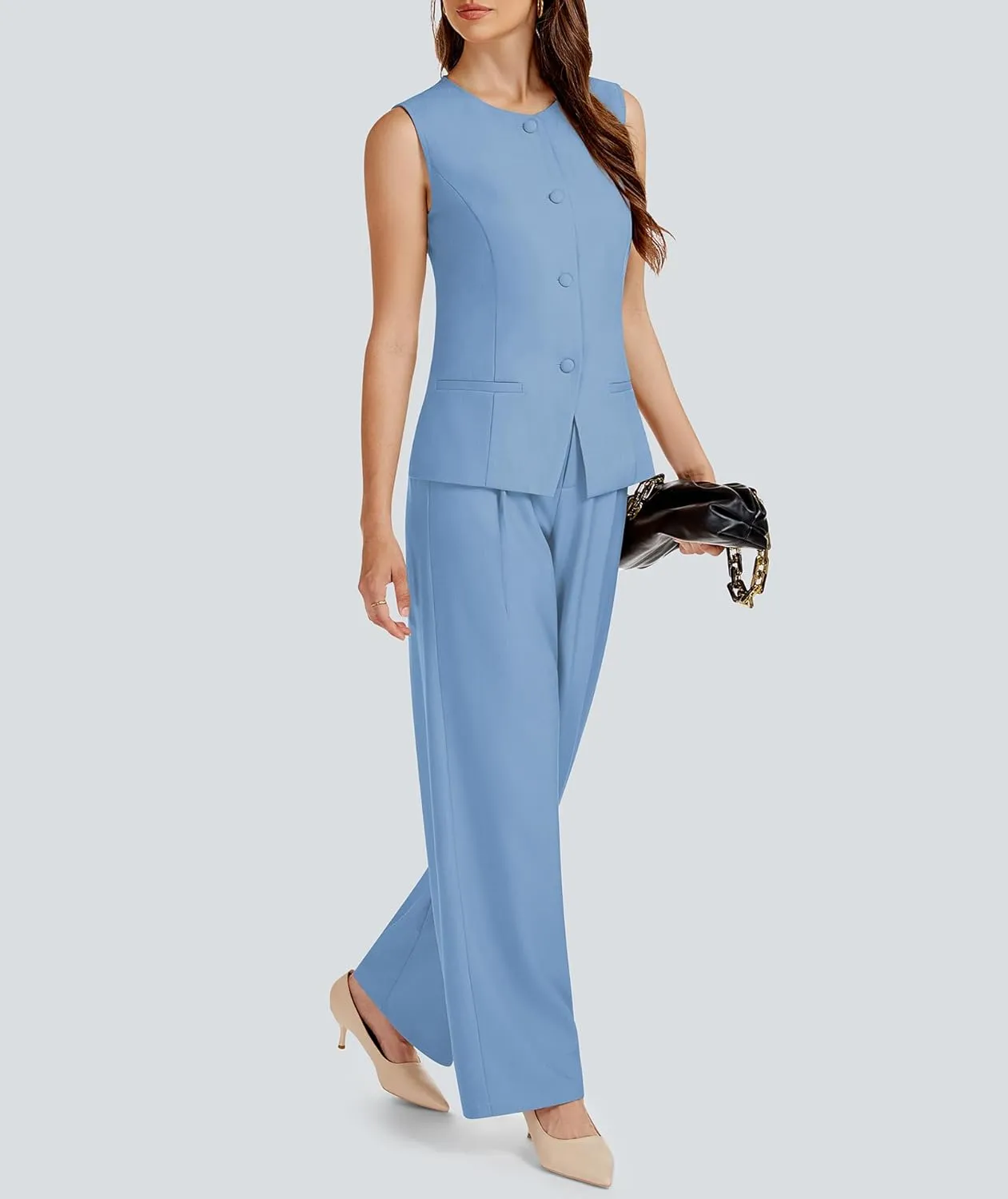 Women's 2 Piece Blazer Outfits Sleeveless Crewneck Vest Wide Leg Pantsuit 2025 Dressy Casual Work Sets