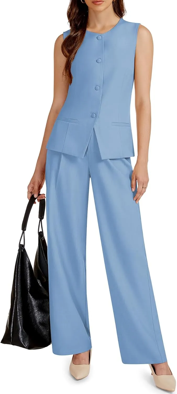 Women's 2 Piece Blazer Outfits Sleeveless Crewneck Vest Wide Leg Pantsuit 2025 Dressy Casual Work Sets