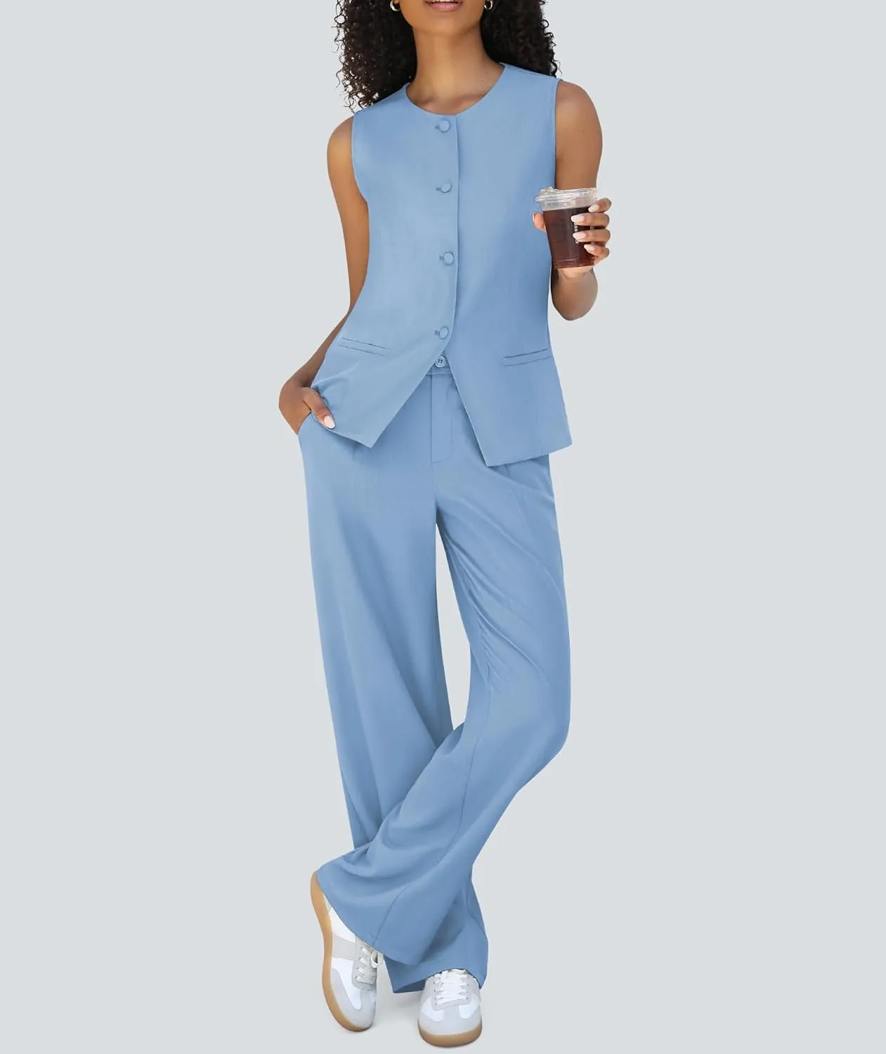 Women's 2 Piece Blazer Outfits Sleeveless Crewneck Vest Wide Leg Pantsuit 2025 Dressy Casual Work Sets