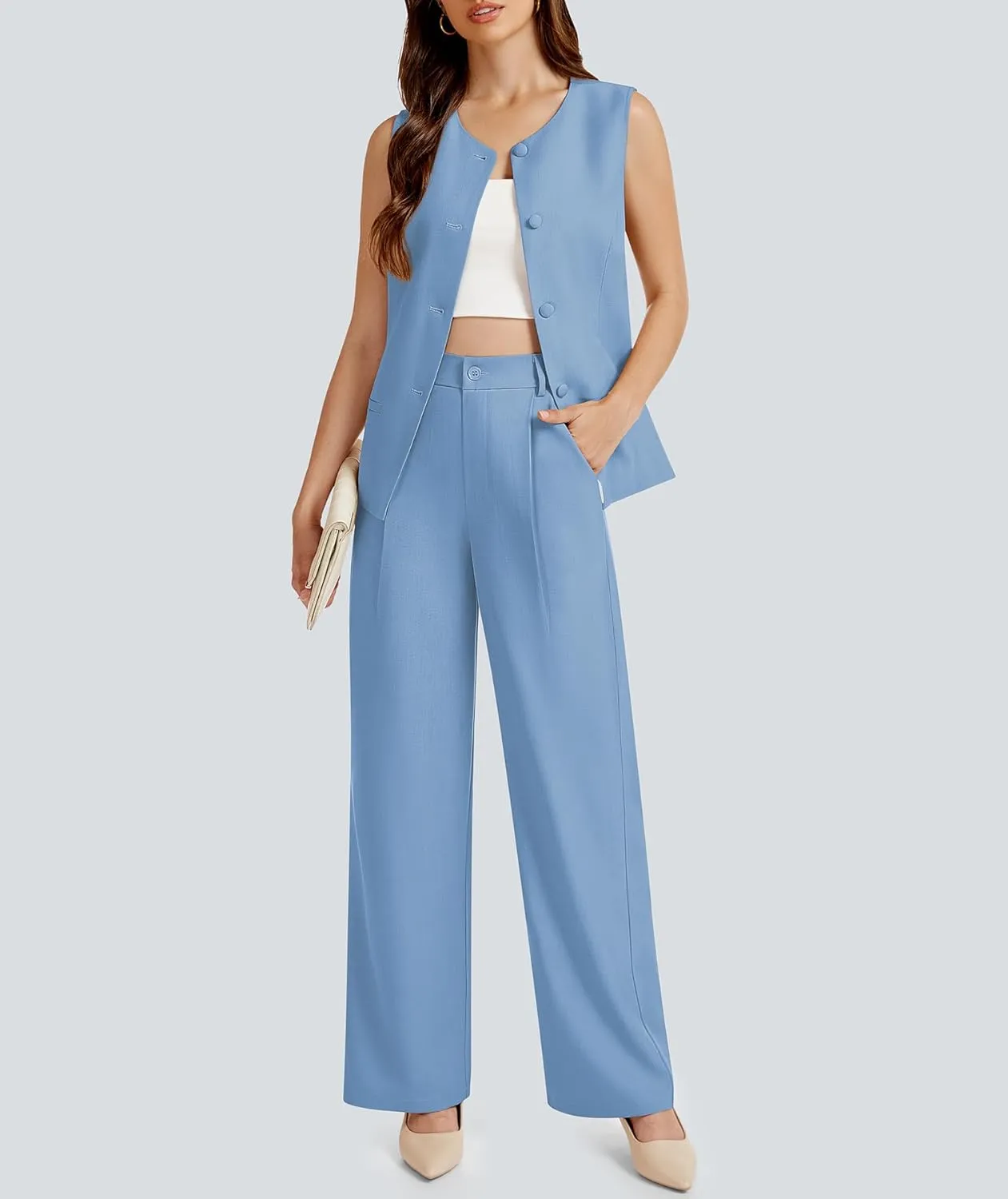 Women's 2 Piece Blazer Outfits Sleeveless Crewneck Vest Wide Leg Pantsuit 2025 Dressy Casual Work Sets