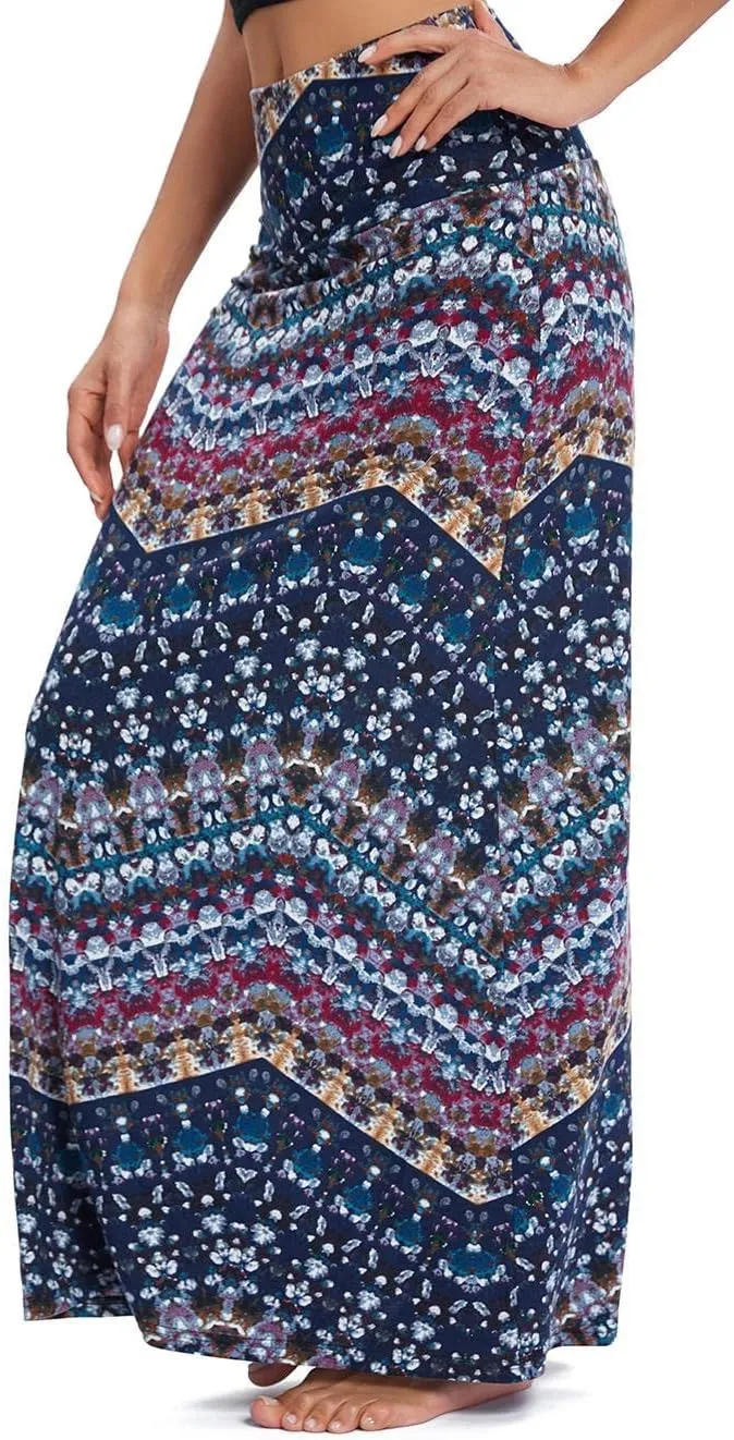 Women's Boho Flod Over Long Maxi Skirt Elastic High Waisted Long Skirts for Women