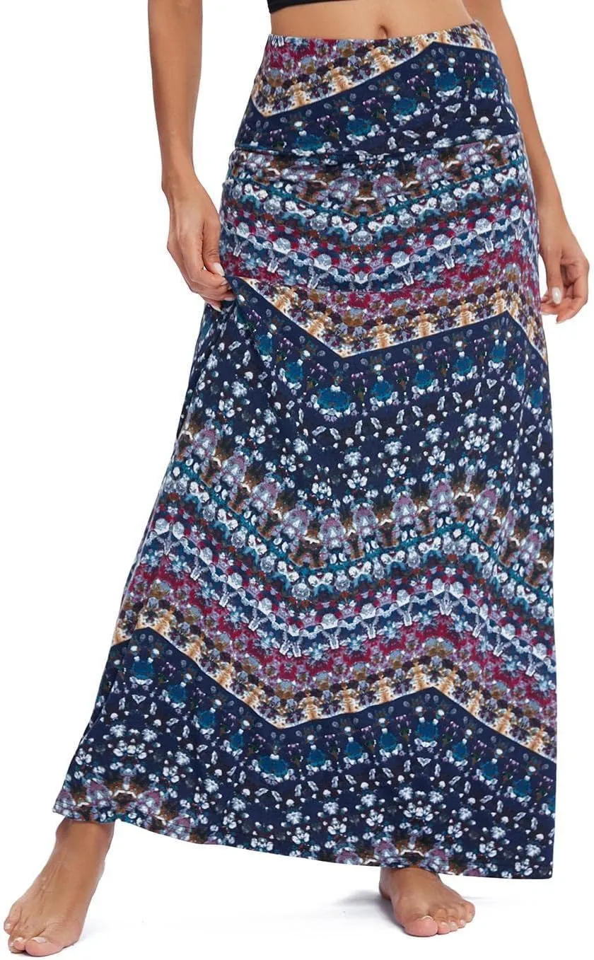 Women's Boho Flod Over Long Maxi Skirt Elastic High Waisted Long Skirts for Women